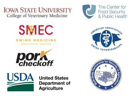 Logos: Iowa State University, Swine Medicine Education Center; Iowa State University, Center For Food Security and Public Health; American Association of Swine Veterinarians; National Pork Board; Multistate Partnership for Security in Agriculture; United States Department of Agriculture.