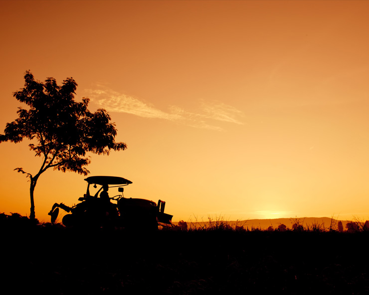 A silhouette of a tractor and tree in the evening orange light.